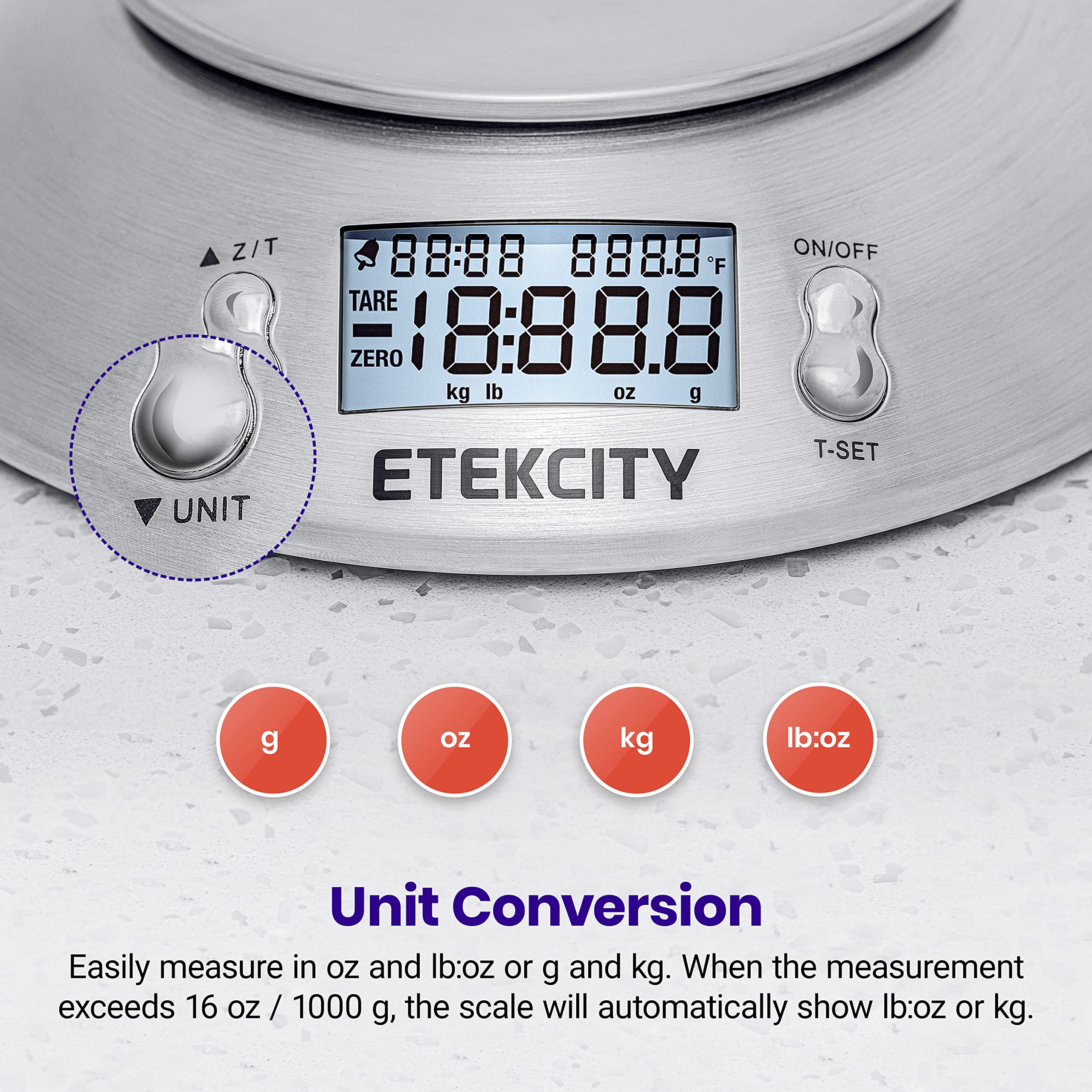 Etekcity Food Kitchen Scale with Bowl, Digital Weight Scale for Food Ounces and Grams, Cooking and Baking, Timer, and Temperature Sensor, 2.06 QT, Stainless Steel