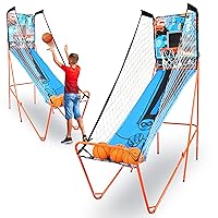Single Hoop Basketball Shootout Indoor Home Arcade Room Game with Electronic LED Digital Basket Ball Shot Scoreboard&Play Timer Fold-up Court Shooting Sports for Kids&Adults Player, Blue