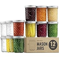 Paksh Novelty Mason Jars - Food Storage Container - 12-Pack Quilted Wide Mouth Glass Jars - Airtight Container for Pickling, Canning, Candles, Home Decor, Overnight Oats, Fruit Preserves