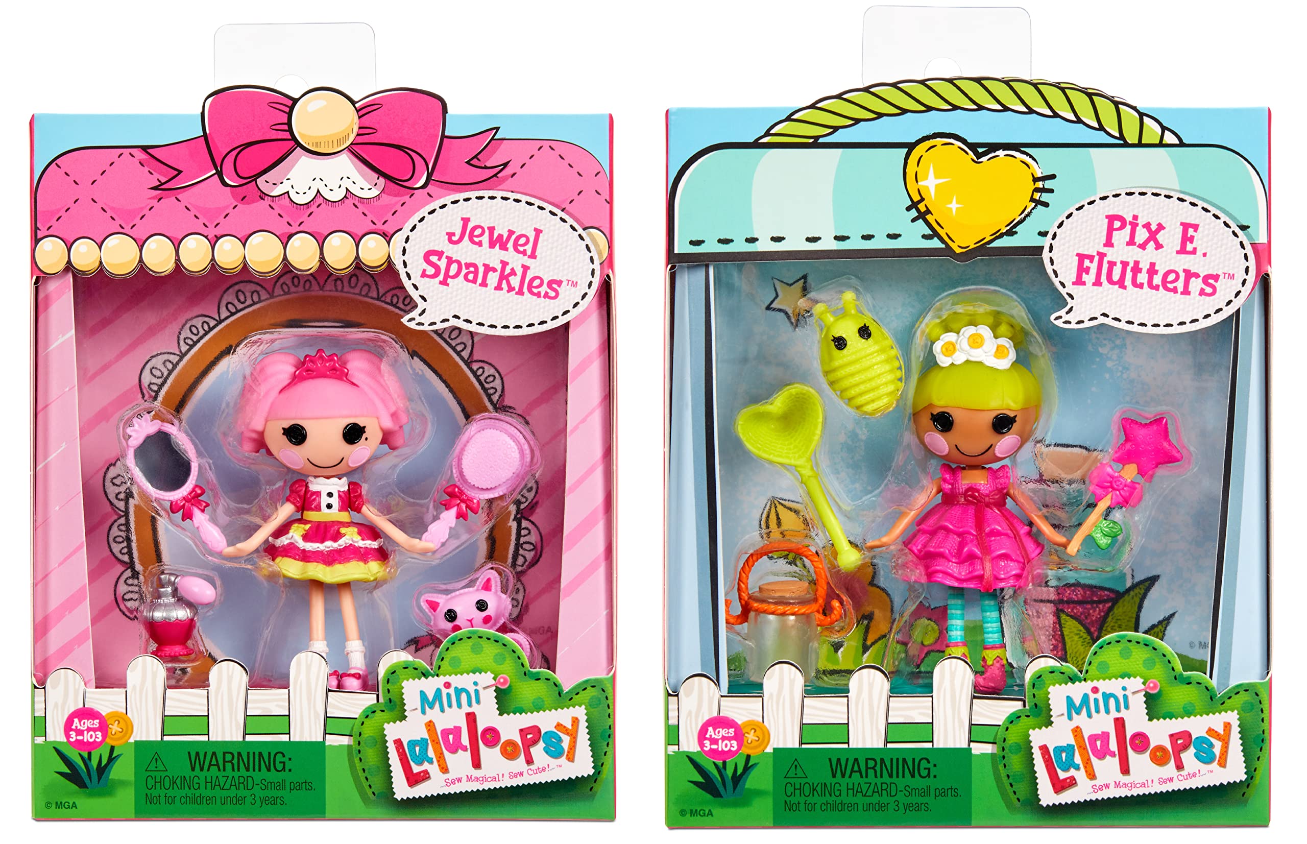 Lalaloopsy Mini TM Doll 2-Pack – Jewel Sparkles + Pix E. Flutters with Mini Pets Persian Cat & Firefly, Two 3” Mini Dolls with Accessories, in Reusable House Package playset, for Ages 3-103