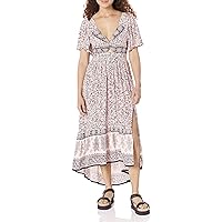 Angie Women's Short Sleeve Twist Front Maxi Dress with Slit, Ivory-Black, Small