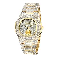 PINTIME Mens Hip Hop Icey Watch Oblong Iced Out Sub-dial Wristwatch CZ Crystal Fashion Bling Jewlery Watch Unisex