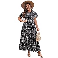 Women's Plus Size Summer Casual Maxi Dress 2023 Flutter Short Sleeve Crew Neck Smocked Tiered Floral Dress