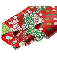 American Greetings 120 sq. ft. Reversible Green and Red Christmas Wrapping Paper Bundle, Polka Dots, Trees, Snowmen and Snowflakes (4 Rolls 30 in. x 12 ft.)
