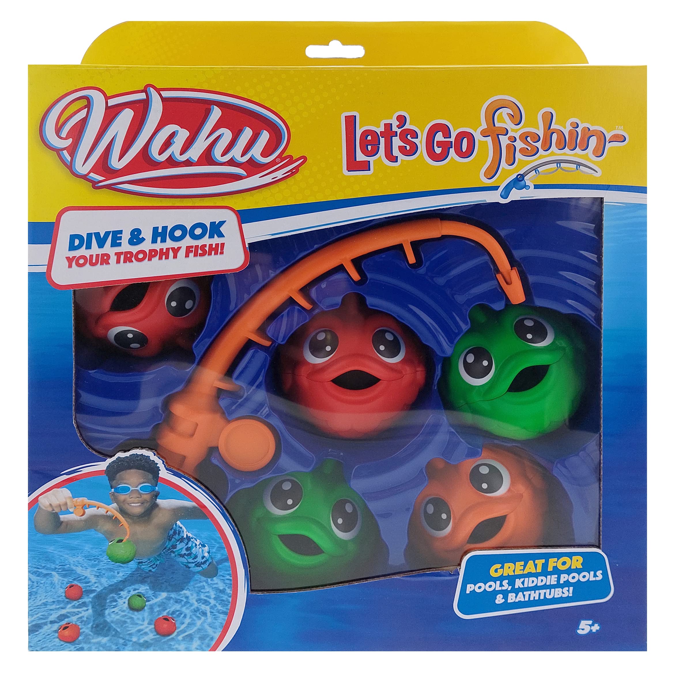 WAHU Let's Go Fishin' 6-Piece Kids Pool and Bath Toy Set for Ages 5+, Kids Fishing Water Toys Set with 1 Fishing Pole and 5 Colorful Fish