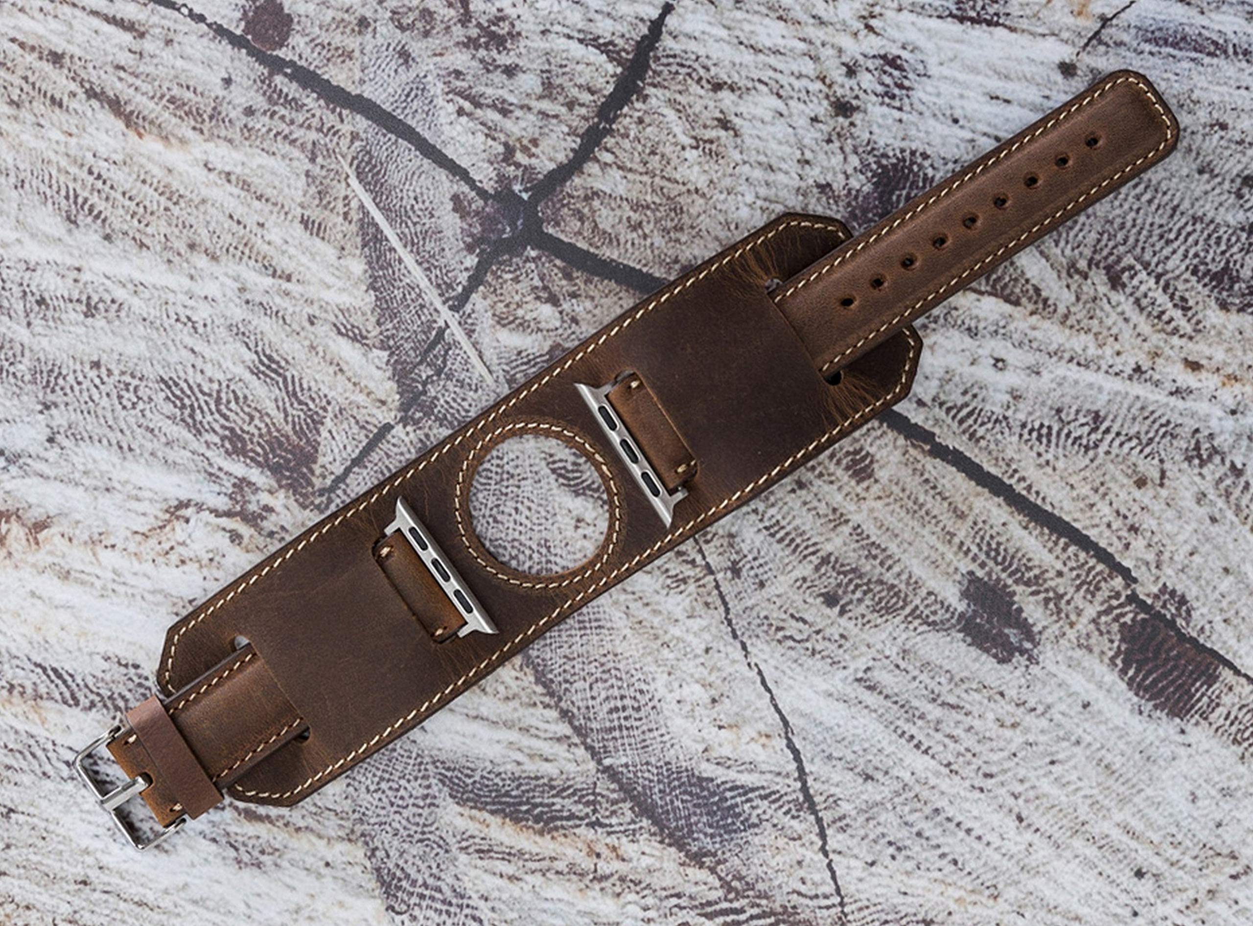 VENOULT Brown iWatch Series 8 Compatible Apple Classic Watch Cuff Bands for Man or Women 45mm, 44mm, 41mm, 40mm, Series 8-1 Dark Brown Genuine Leather Bull Strap, HANDMADE