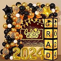 Graduation Decorations Class of 2024, 4Pcs Graduation Balloon Boxes with Black Gold Star Foil Balloons ''GRAD'' ''2024'' Letters for Primary High School College Graduation Party Supplies Decoration
