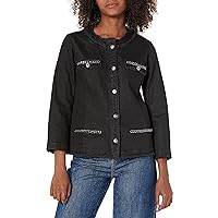 MULTIPLES Women's 3 Quarters Sleeve Button Front Fringed Hem Jacket with Chain Trim