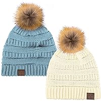Hat-43 Thick Warm Cap Hat Skully Faux Fur Pom Pom Cable Knit Beanie 2 Pack