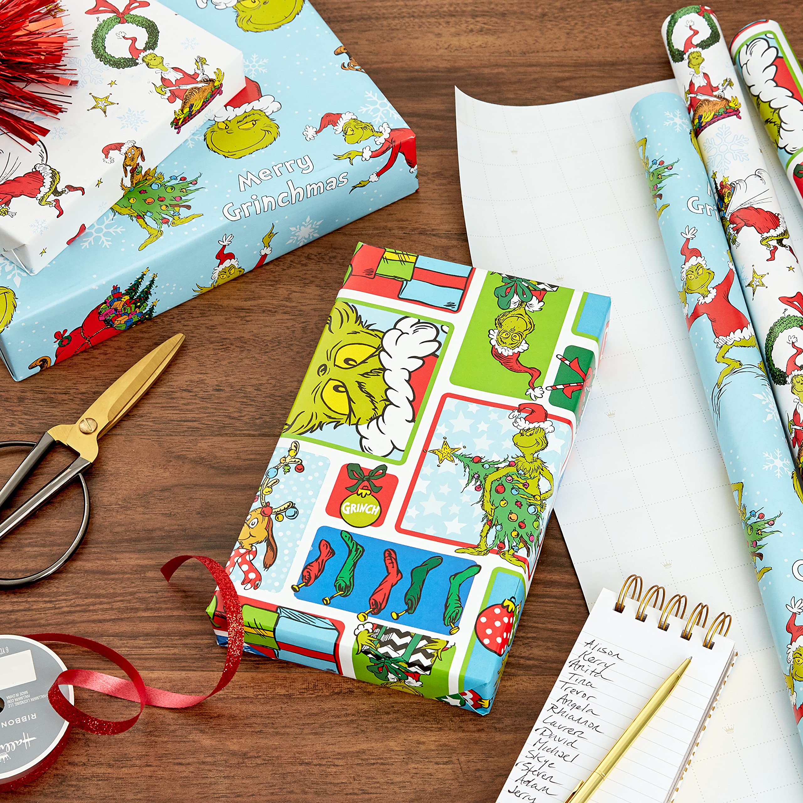 Hallmark Grinch Wrapping Paper for Kids (3 Rolls: 105 Sq. Ft. Ttl) for Christmas with Blue Tiles, White Snowflakes, Cindy Lou Who, Max