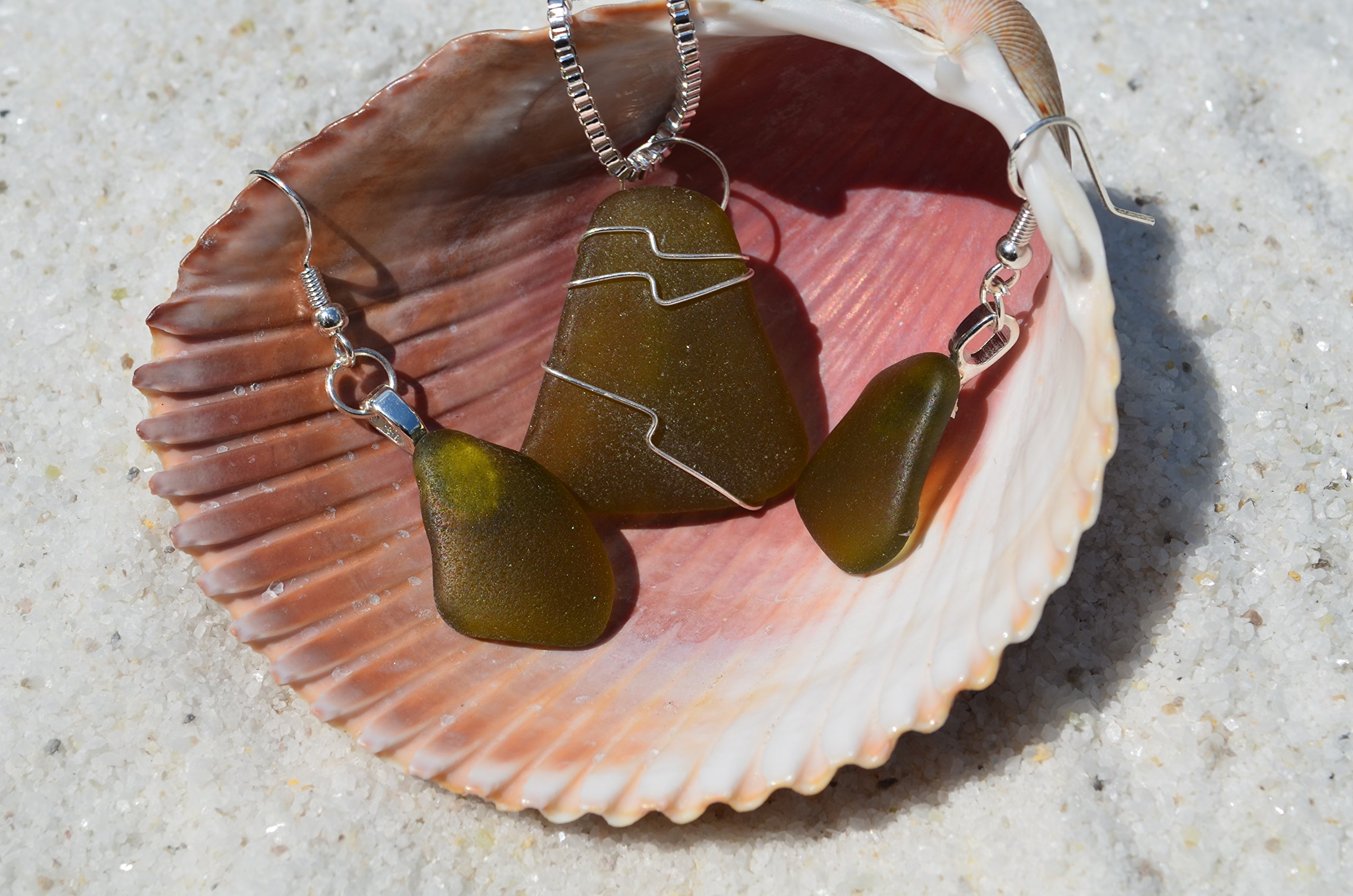 Genuine Olive Green Sea Glass Sterling Silver Earrings and Necklace Set