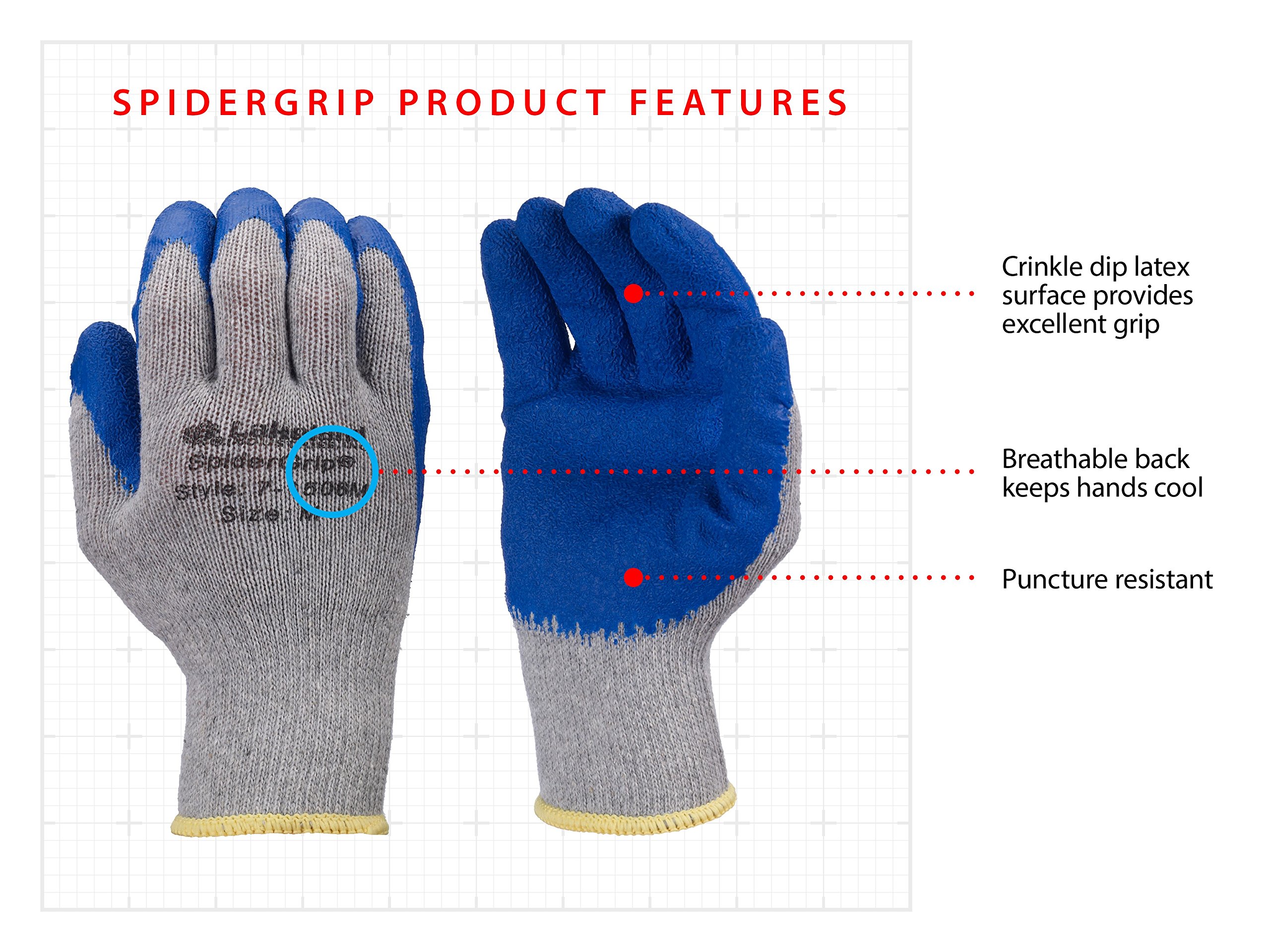 Lakeland SpiderGrip 7-1506 Dipped Latex Coated Palm, Slip Resistant, Knit Work Glove, Grip, Large, Grey/Blue (12 Pair)