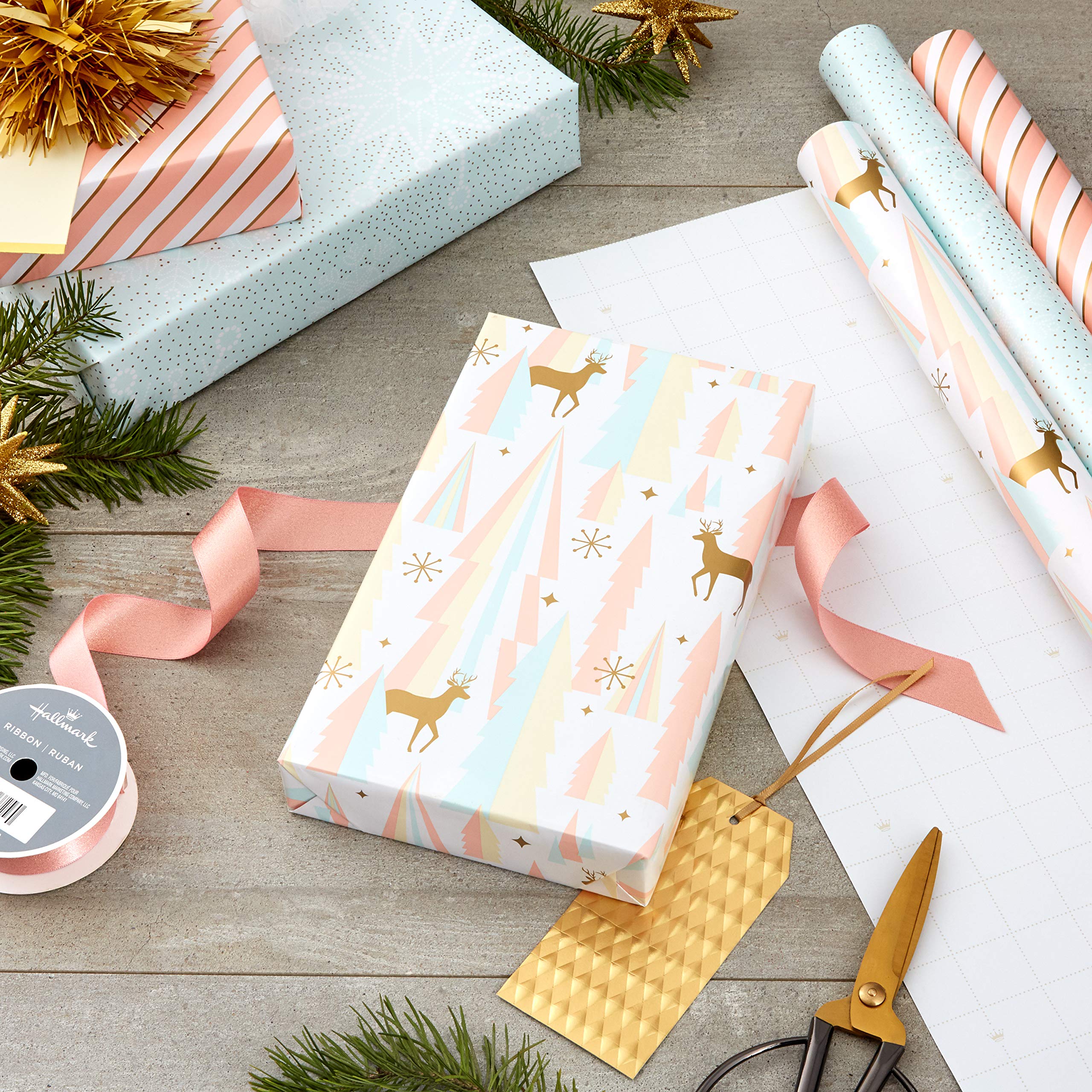 Hallmark Peachy Pink Christmas Wrapping Paper with Cut Lines on Reverse (3 Rolls: 120 sq. ft. ttl) Minty Blue, Gold, Reindeer, Christmas Trees, Snowflakes