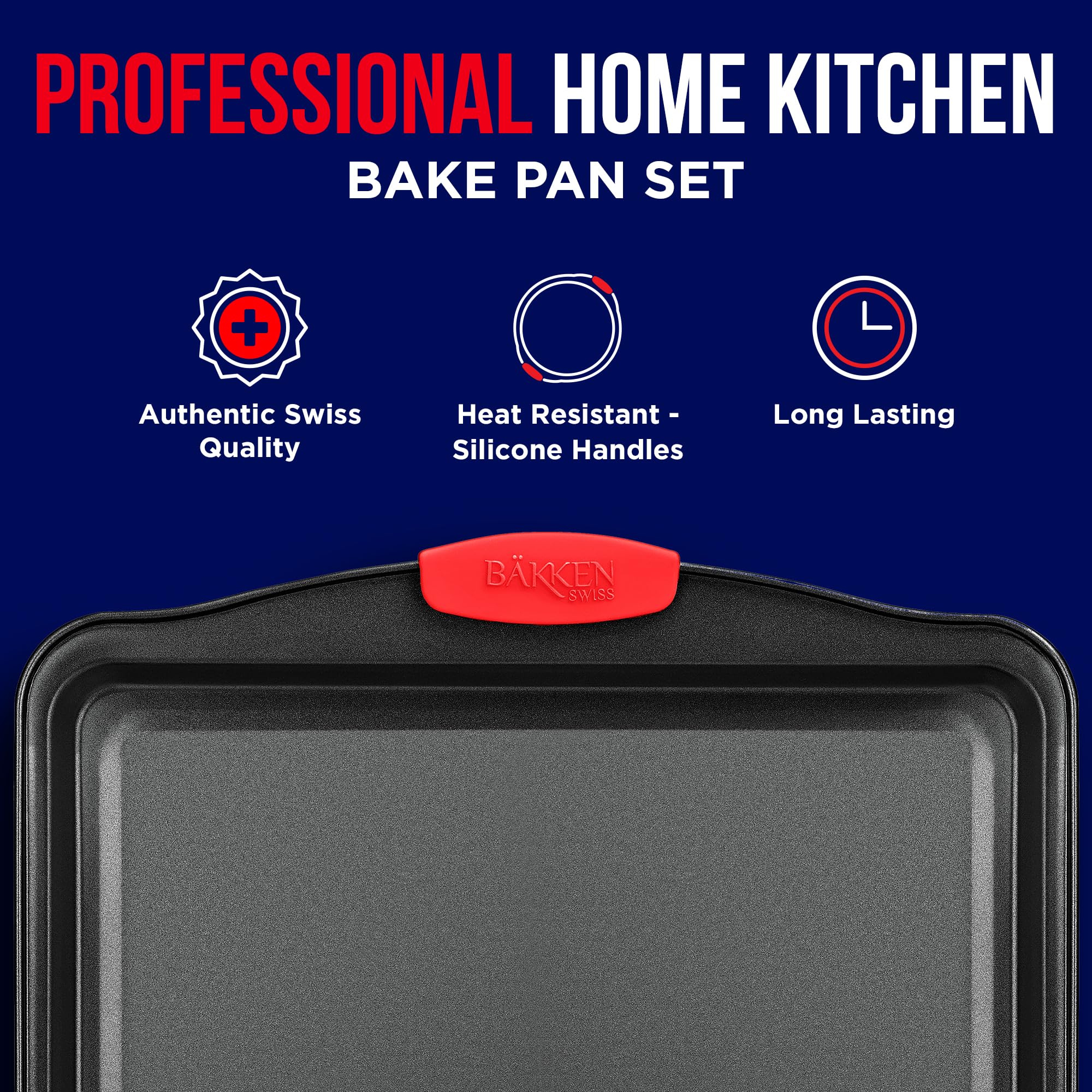 2 Piece Set Nonstick Carbon Steel Oven Bakeware -Professional Quality Kitchen Cooking Baking Trays -PFOA, PFOS, PTFE-Free Small & MediumBaking Sheet Pans with Red Silicone Handles