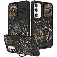 (2in1 for Samsung Galaxy S23 Case for Women Cute Girls Cover Sun Moon Stars Fun Funny Girly Kawaii Aesthetic Cool Black Design with Camera Cover and Ring Stand for Samsung S23 Case