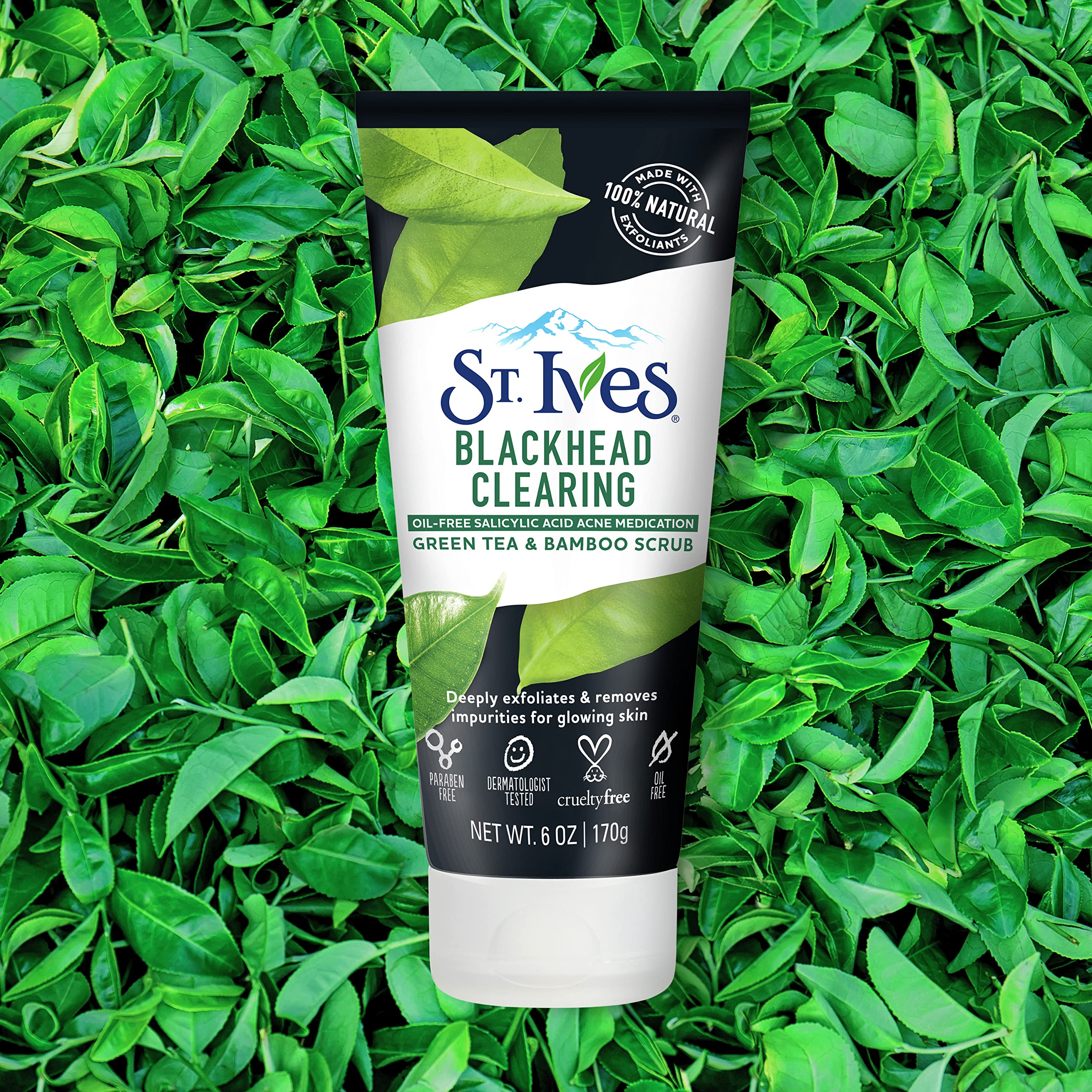 St. Ives Face Scrub Clears Blackheads and Unclogs Pores Green Tea and Bamboo With Oil-Free Salicylic Acid Acne Medication, Made with 100 percent Natural Exfoliants, 6 Ounce (Pack of 6)