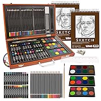 U.S. Art Supply 84-Piece Deluxe Artist Studio Creativity Set Wood Box Case - Art Painting, Drawing, 2 Sketch Pads, 24 Watercolor Paint Colors, 24 Oil Pastels, 24 Colored Pencils, 2 Brush, Starter Kit