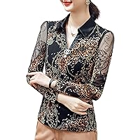 Women's Mesh Tops Loog Sleeve Leopard Print Butterfly Rhinestone Semi Sheer Stretchy Chiffon Blouses Work Shirts