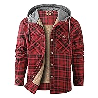 Flygo Men's Outdoor Casual Buck Camping Fleece Sherpa Lined Flannel Plaid Shirt Jacket with Hood(02HoodedRed-XL)