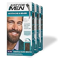 Just For Men Mustache & Beard, Beard Dye for Men with Brush Included for Easy Application, With Biotin Aloe and Coconut Oil for Healthy Facial Hair - Medium-Dark Brown, M-40, Pack of 3