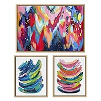 Kate and Laurel Sylvie Brushstroke and Bright Abstract Framed Canvas Wall Art Set by Jessi Raulet of Ettavee, Set of 3, two 16x20 and one 23x33 Natural Finish Frames, Colorful Modern Home Décor