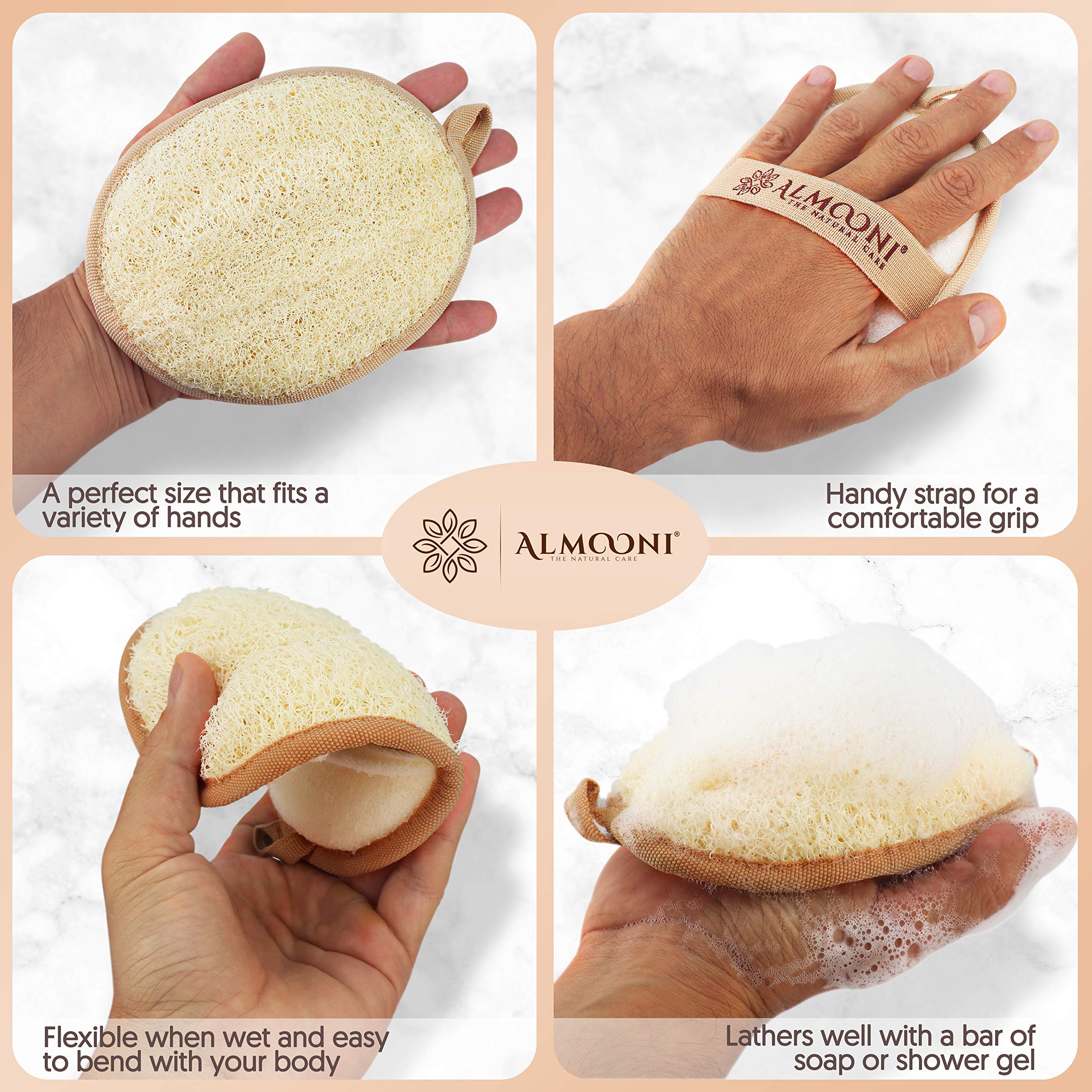 Almooni Premium Exfoliating Loofah Pad Body Scrubber, Made with Natural Egyptian Shower loofa Sponge That Gets You Clean, Not Just Spreading Soap - 2 Count(1 Pack)