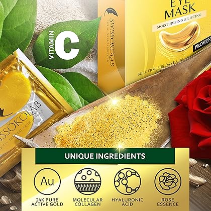 SWISSÖKOLAB Under Eye Patches For Puffy Eyes 24k Gold Eye Mask Dark Circles And Puffiness Collagen Eye Gel Pads Moisturizing & Reducing Wrinkles Anti-Aging Hyaluronic Acid (24K Gold Eye Mask)