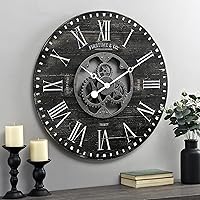 Black Shiplap Gears Wall Clock, Large Vintage Decor for Living Room, Home Office, Round, Wood and Plastic, Farmhouse, 27 inches