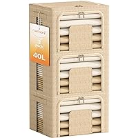 Furnhome 3 Pack 40L Clothes Storage Organizer,Sturdy Stackable Bins for Closet Storage,Foldable Clothing Storage Bins for Clothes with Zippers & Clear Window & Reinforced Handles-Beige