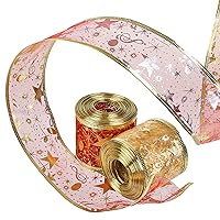 LEMESO 2 Pack 2 inch Wide Christmas Wired Ribbon Giltter Ribbon with Stars Christmas Tree Decorations Wrap Wreath DIY 10 Yards for Each Roll
