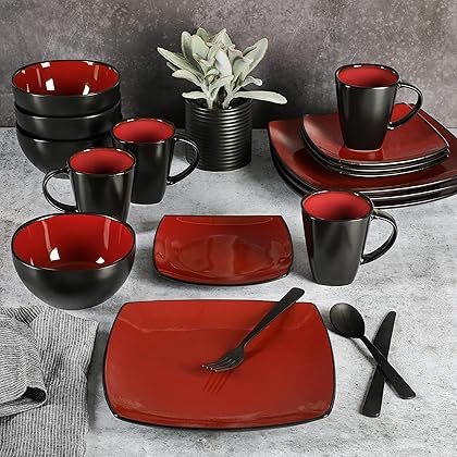 Gibson Soho Lounge 16-Piece Square Reactive Glaze Dinnerware Set, Red