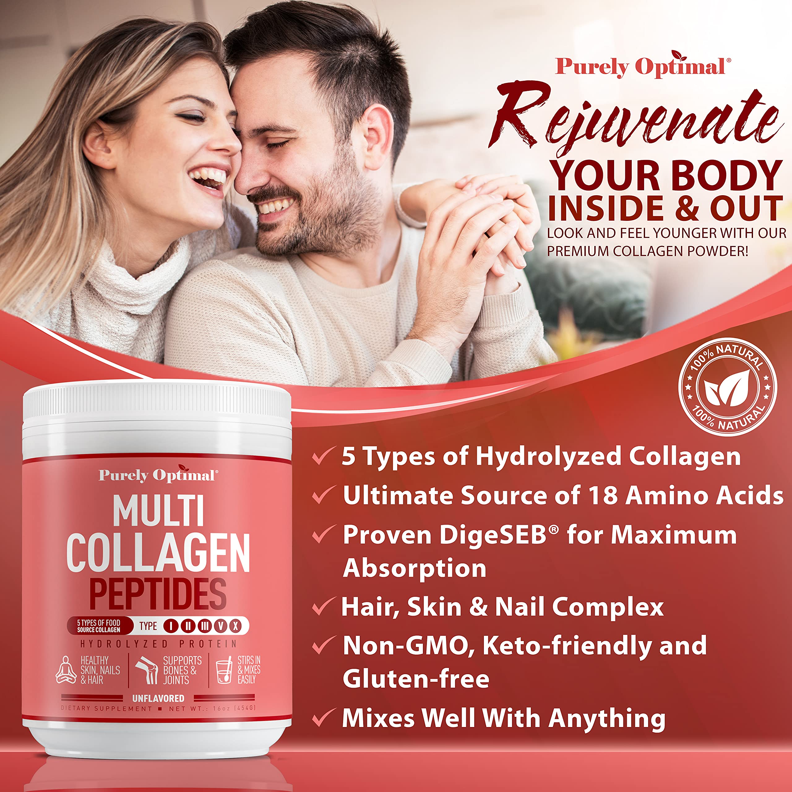 Purely Optimal Premium Multi Collagen Powder - 5 Types of Hydrolyzed Collagen Peptides with Biotin, Hair Skin and Nails Vitamins, Bone & Joint Support - Keto-Friendly, Unflavored (16 oz)