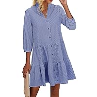 CCTOO Women's Summer Dresses Casual V Neck Button Down 3/4 Sleeve Floral Print Loose Flowy Shirt Dress