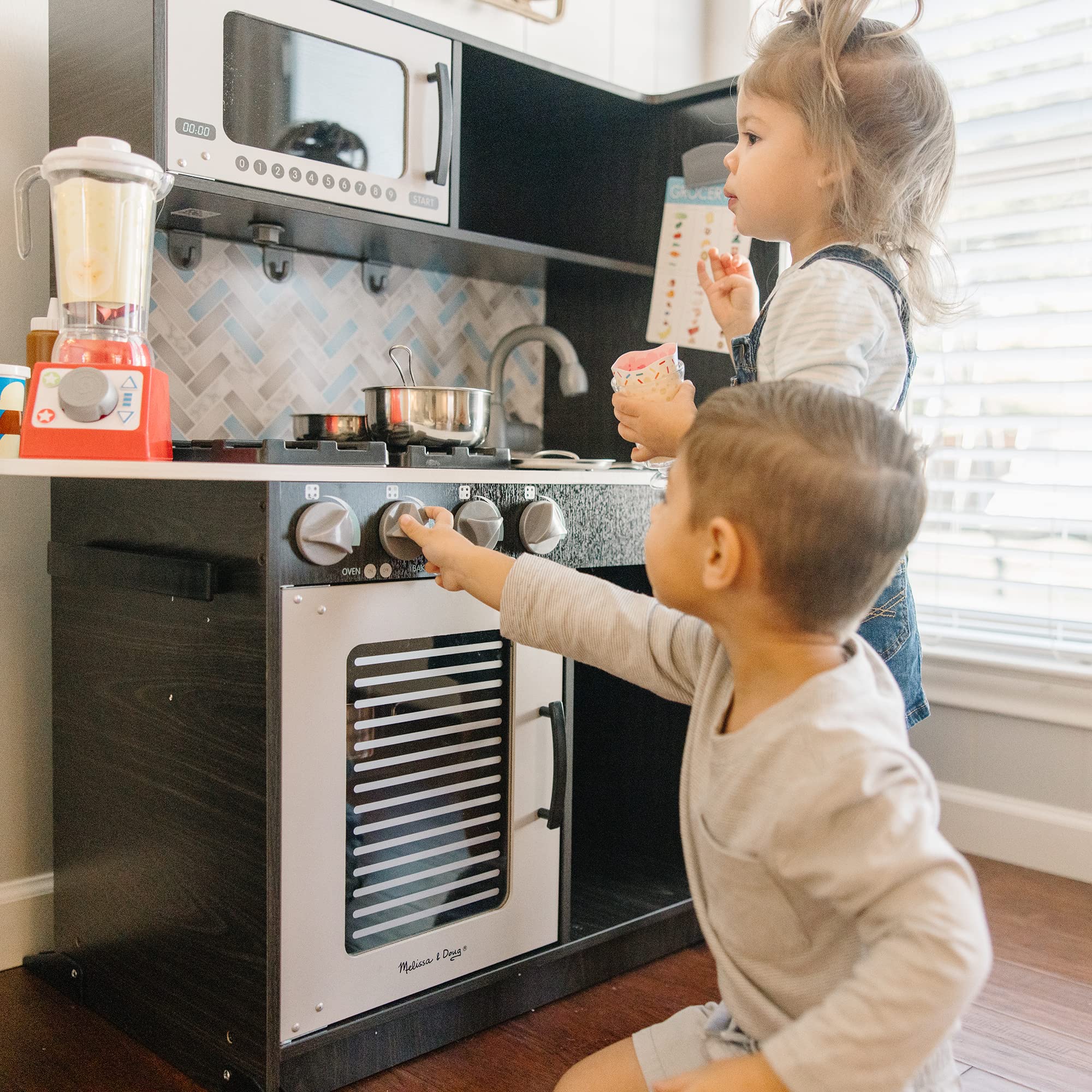 Melissa & Doug Wooden Chef’s Pretend Play Toy Kitchen With “Ice” Cube Dispenser – Charcoal Gray - Kids Kitchen Play Set, Play Kitchen For Toddlers And Kids Ages 3+