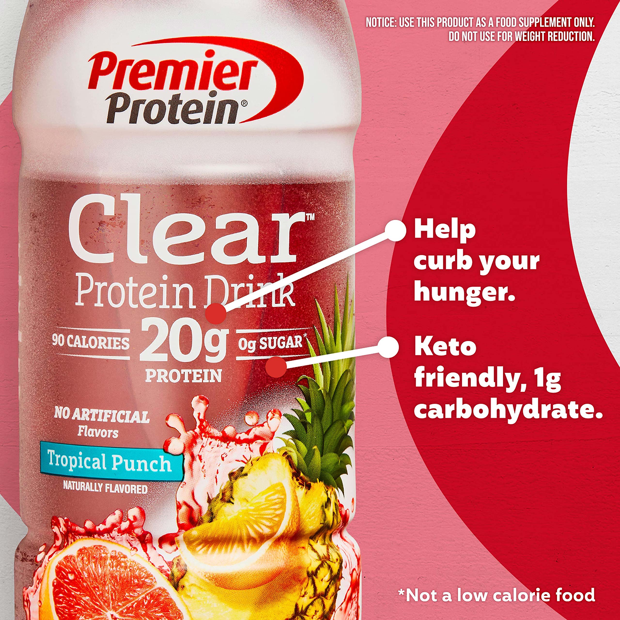 Premier Protein Clear Drink, Tropical Punch, 20g Protein, 0g Sugar, 1g Carb, 90 calories, Keto Friendly, Gluten Free, No Soy Ingredients 16.9 Fl Oz (Pack of 12)