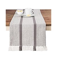 Table Runner Cotton Farmhouse Boho 14x72 in, Table Décor for Kitchen or Dining, Gray Cloth Woven Striped Table Runners