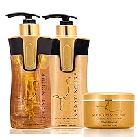 Keratin Cure Brazilian Gold & Honey Sulfate Free Shampoo Conditioner Masque Best for Damaged Dry, Curly or Frizzy Hair - Thickening for Fine/Thin Hair, Safe for Color-Treated, Keratin Treated 10oz/8oz
