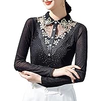 Women's Lace V-Neck Button-Down Shirts Long Sleeve Mesh Embroidery Floral Rhinestone Blouses Sheer Chiffon Tee Tops