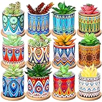 12 Pcs 3 Inch Succulent Pots Succulent Planters Cylinder Ceramic Pots Mandala Multicolor Cactus Pot with Drainage Holes and Bamboo Trays for Indoor Plants Flowers Succulent Cactus Garden Decoration