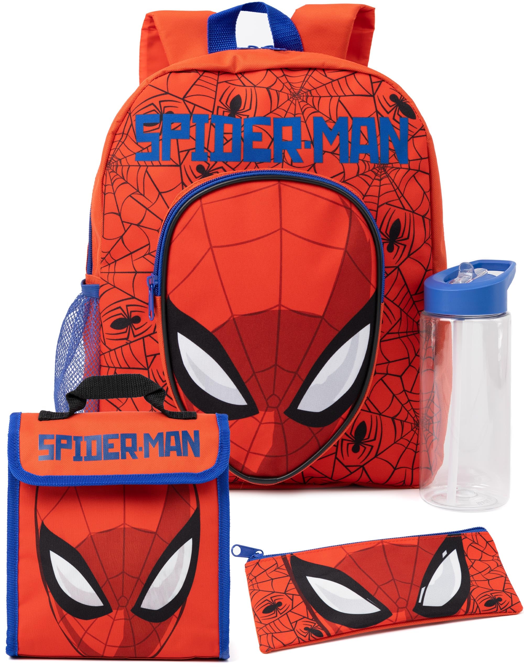 Marvel Spider-Man 4 Piece Backpack Set Kids | Boys Girls Superhero Spider Web Red Rucksack Lunch Bag Pencil Case Water Bottle