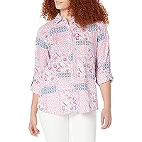 Foxcroft Women's Zoey Long Sleeve with Roll Tab Boho Blooms Blouse