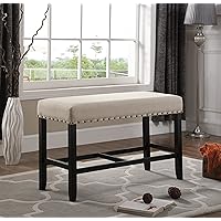 Roundhill Furniture Biony Fabric Counter Height Dining Bench with Nailhead Trim, Tan