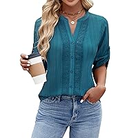 Blooming Jelly Womens Button Down Shirts Lace Crochet Dressy Casual Tops 3/4 Sleeve Work Summer Outfits 2024
