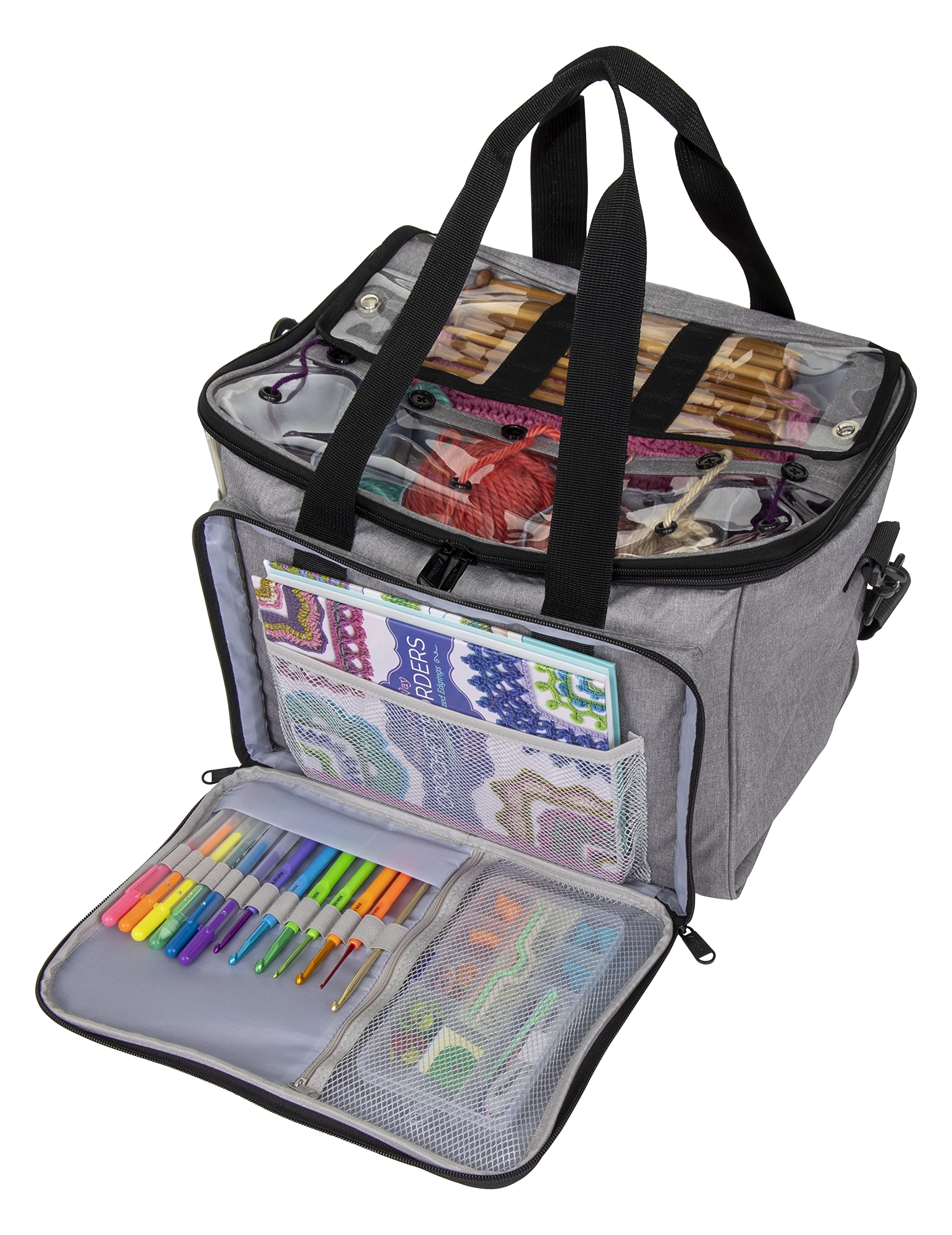 ArtBin 6938AG Needleworks Project Bag, Needleworks Project Bag with Removable Dividers, Split Main Compartment, & Pockets, Yarn & Project Storage, Grey