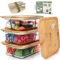 Glass Bento Box Containers with Bamboo Lids, 3 Compartment Glass Meal Prep Containers [3 Pack] - 100% Plastic Free, Eco-Friendly Glass Lunch Containers, Bamboo Glass Bento Boxes for Adults