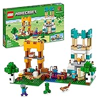 21249 Minecraft The Building Box 4.0, Set 2in1 Build River Towers or Cat Hut, with Alex, Steve, Creeper and Zombie Mobs Figures, Toys for Kids