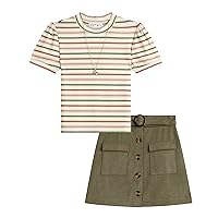 Beautees girls 2 Piece Set Stripe Mock Neck Top With Belted Skirt and Necklace