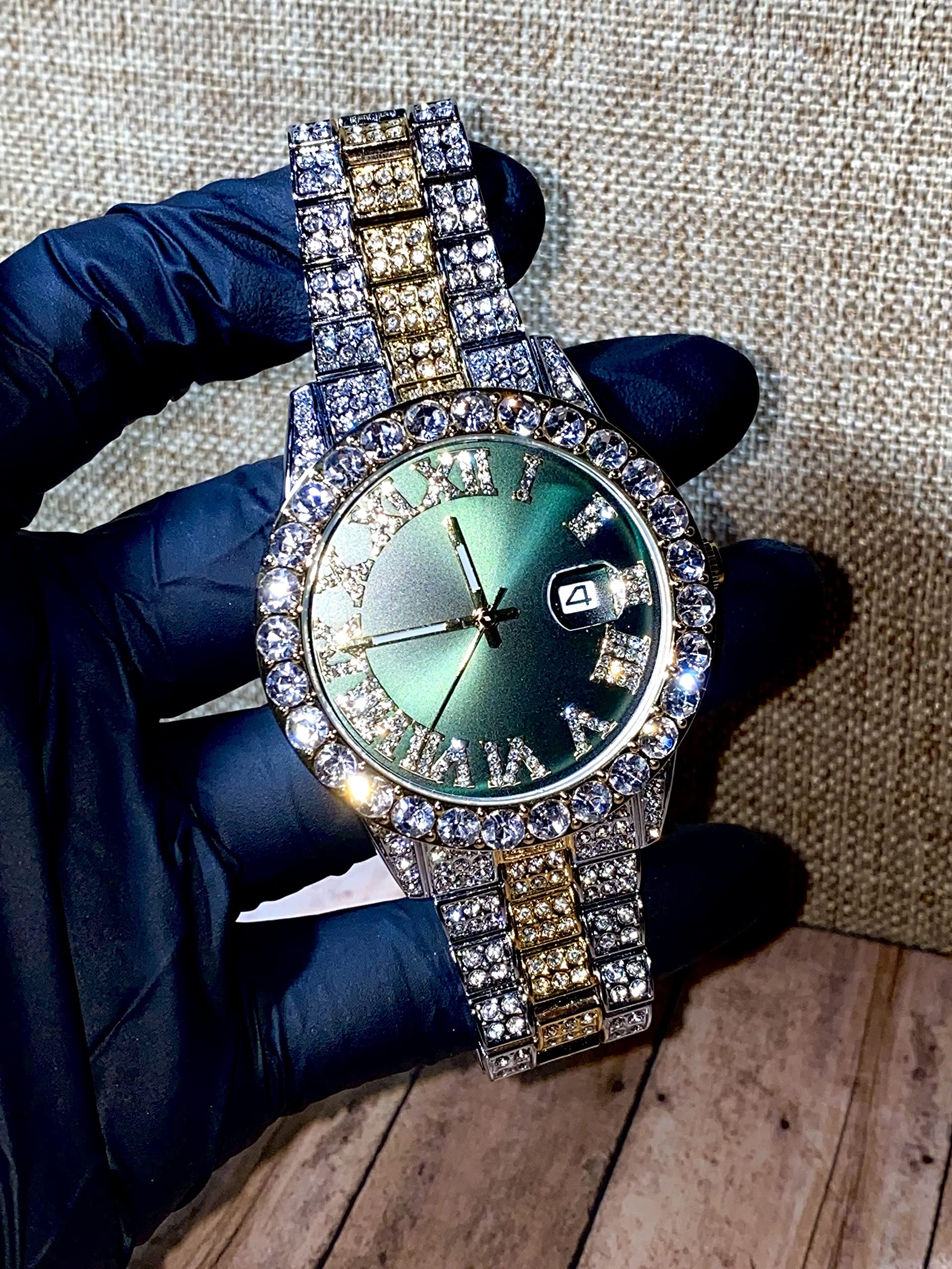 Men's Round 2 tone Green Dial Wrist Watch Band Luxury CZ Diamond Iced Bracelet Roman Numeric Round Dial Watch For Men Women Hip Hop Rapper Choice, Jewelry Watch, Iced Watch Custom Fit, Bust Down Watch