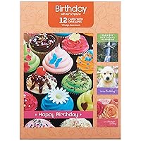 Paper Craft IG98639-RE Religious Birthday Card Assortment Box Set with Envelopes, 12 Cards, 4.75'' W x 6.5'' H, Cupcake, Waterfall, Puppy, and Floral Photography