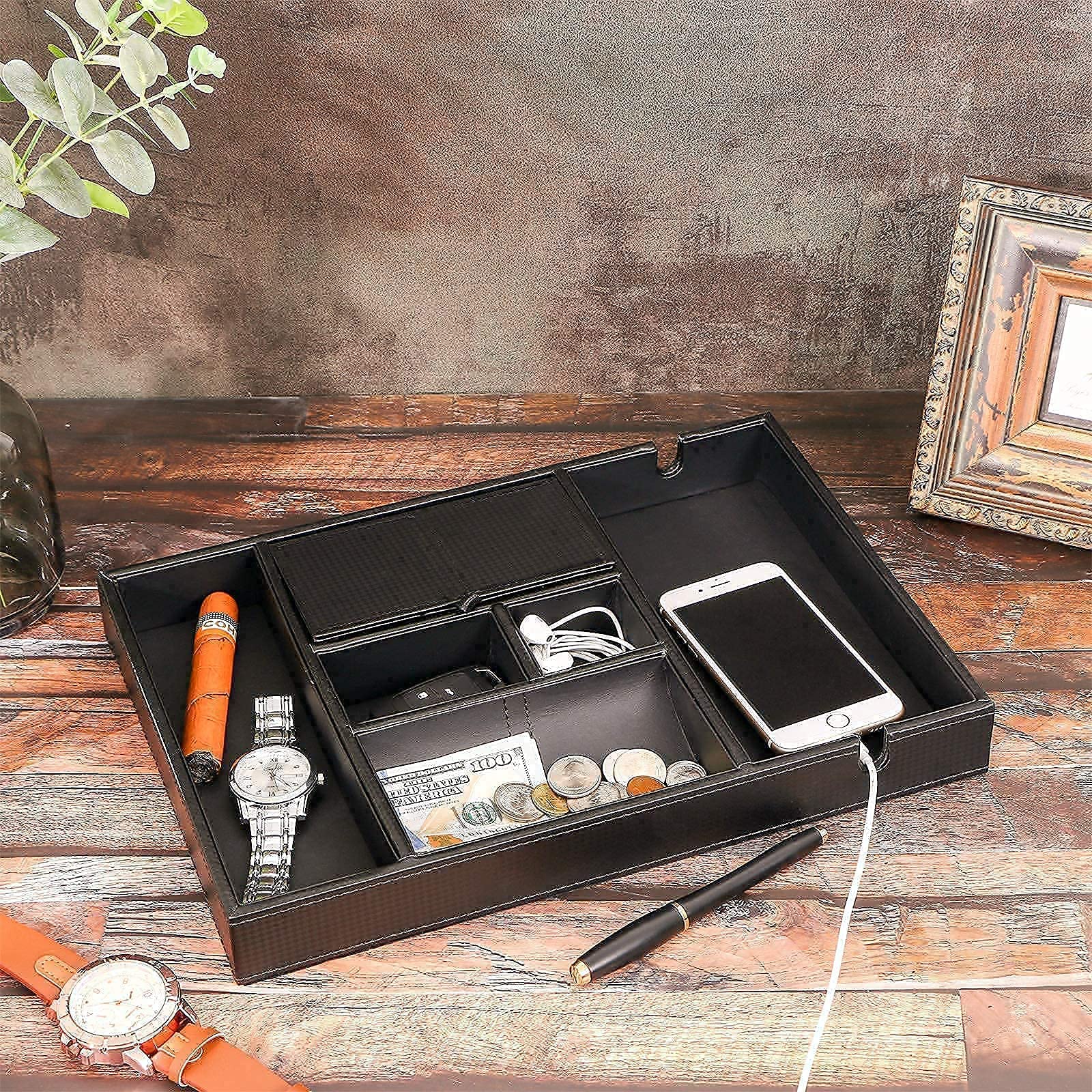 BEWISHOME Valet Tray for Men Dresser Organizer Nightstand Organizer & Watch Box for Men - Luxury Watch Case Bundle